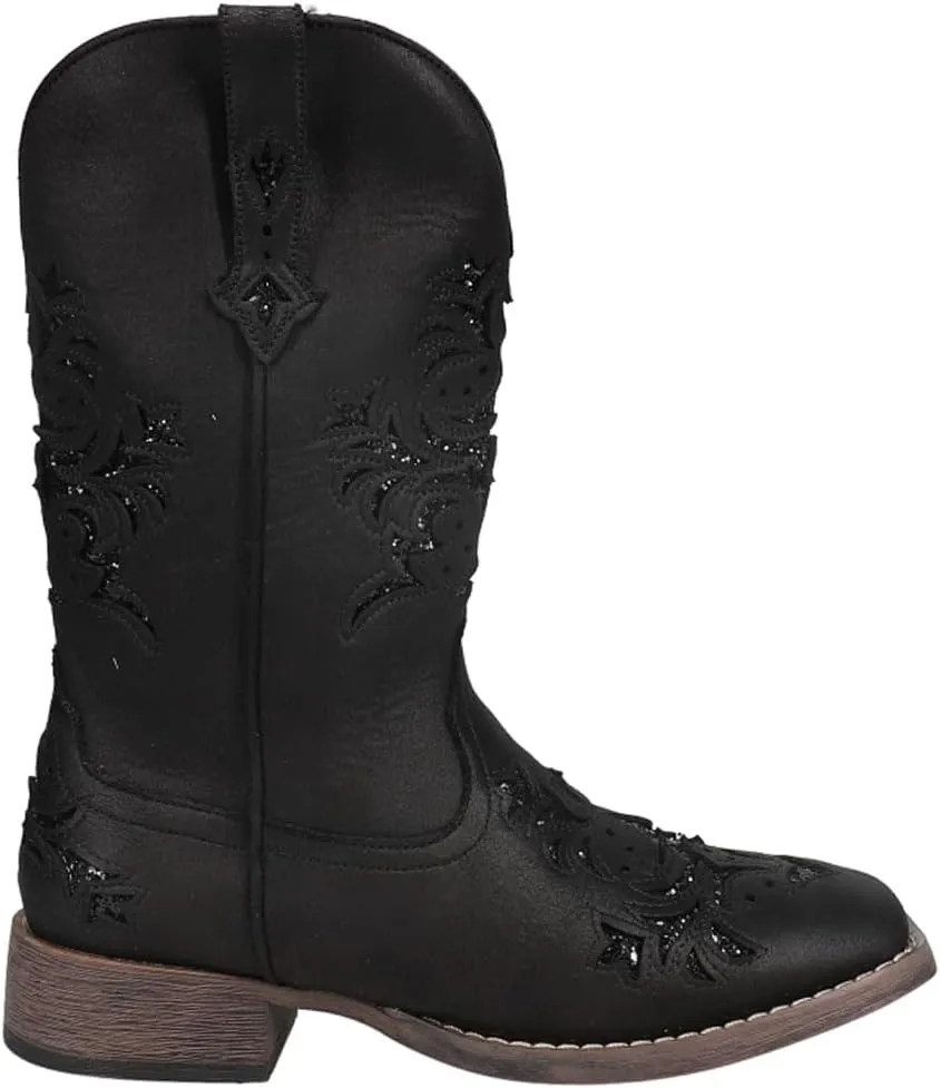 ROPER Womens Kennedy Glitter Tooled Inlay Square Toe Pull On Casual Boots Mid Calf Low Heel 1-2" - Brown