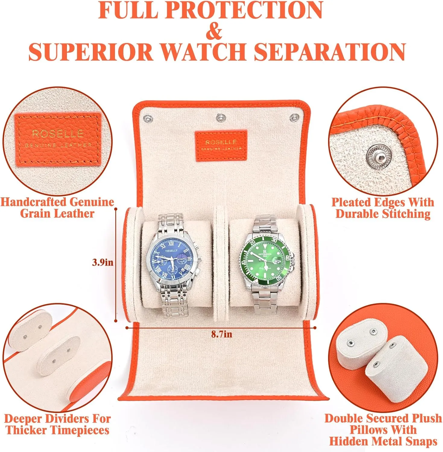 ROSELLE Genuine Leather Watch Roll Travel Case - Watch Roll Case For 2 Watches With Luxury Lining - Protect, Travel,Store and Display Fine Watches