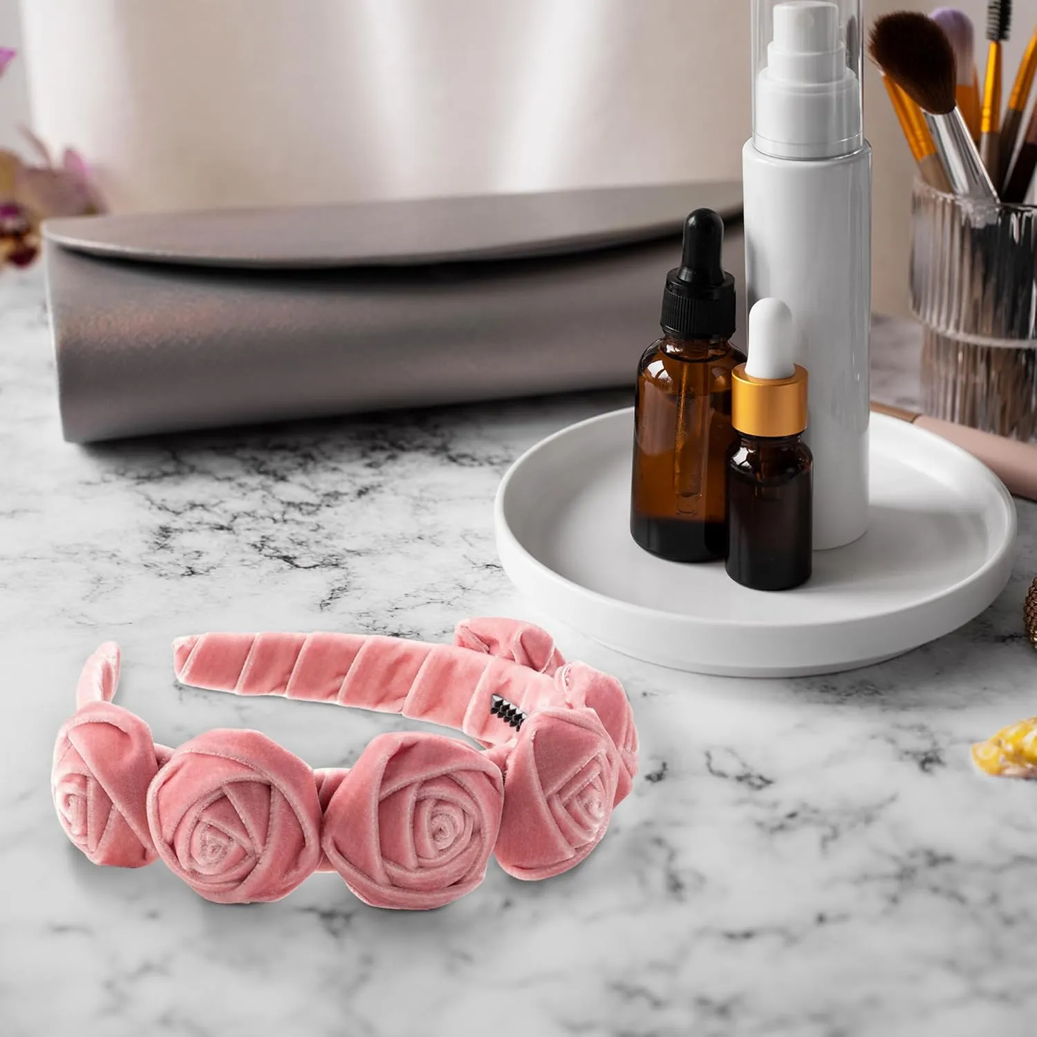 Rosette Velvet Headband - Mauve | Elegant Soft Velvet Accessory with Hand-Crafted Rosettes | Comfortable & Secure Fit with Rubberized Teeth | Perfect for Special Occasions & Everyday Wear