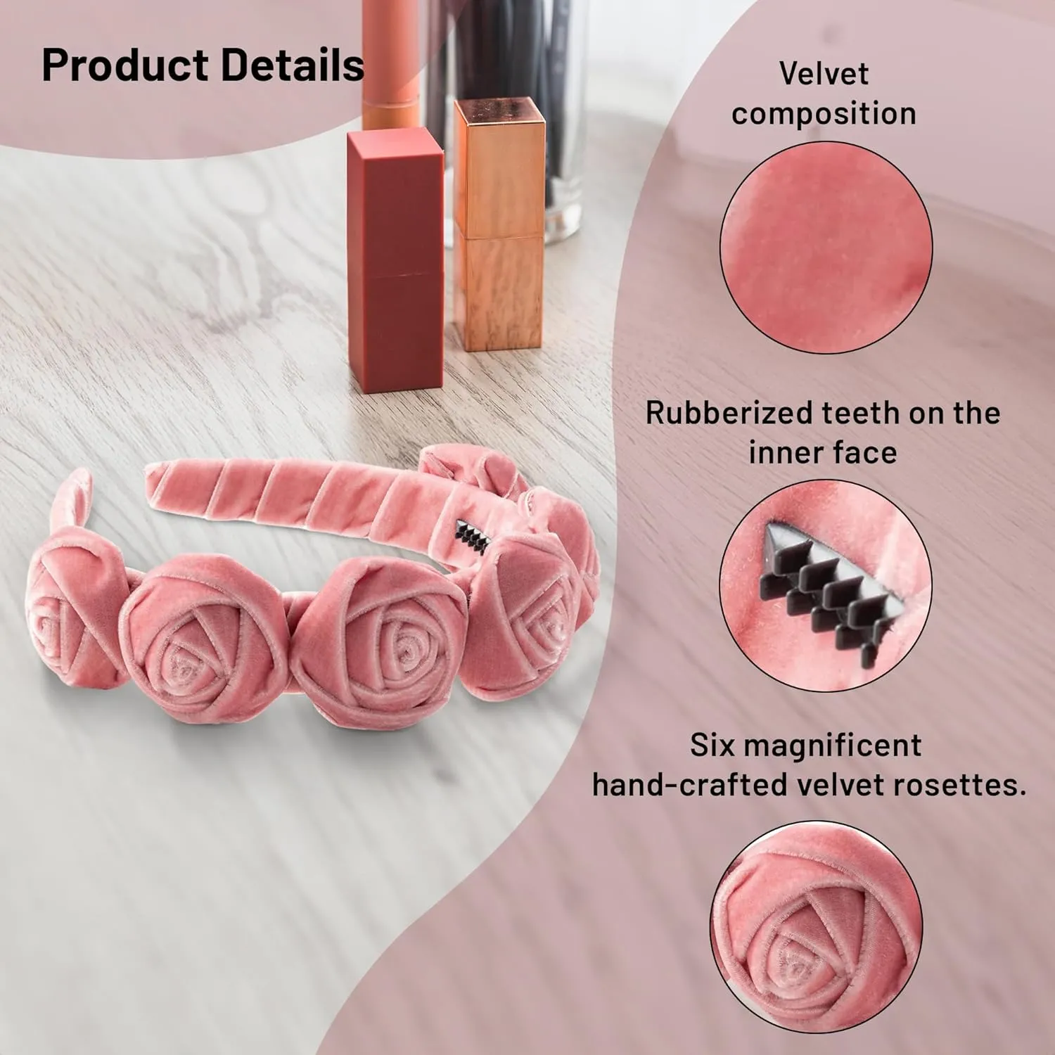 Rosette Velvet Headband - Mauve | Elegant Soft Velvet Accessory with Hand-Crafted Rosettes | Comfortable & Secure Fit with Rubberized Teeth | Perfect for Special Occasions & Everyday Wear