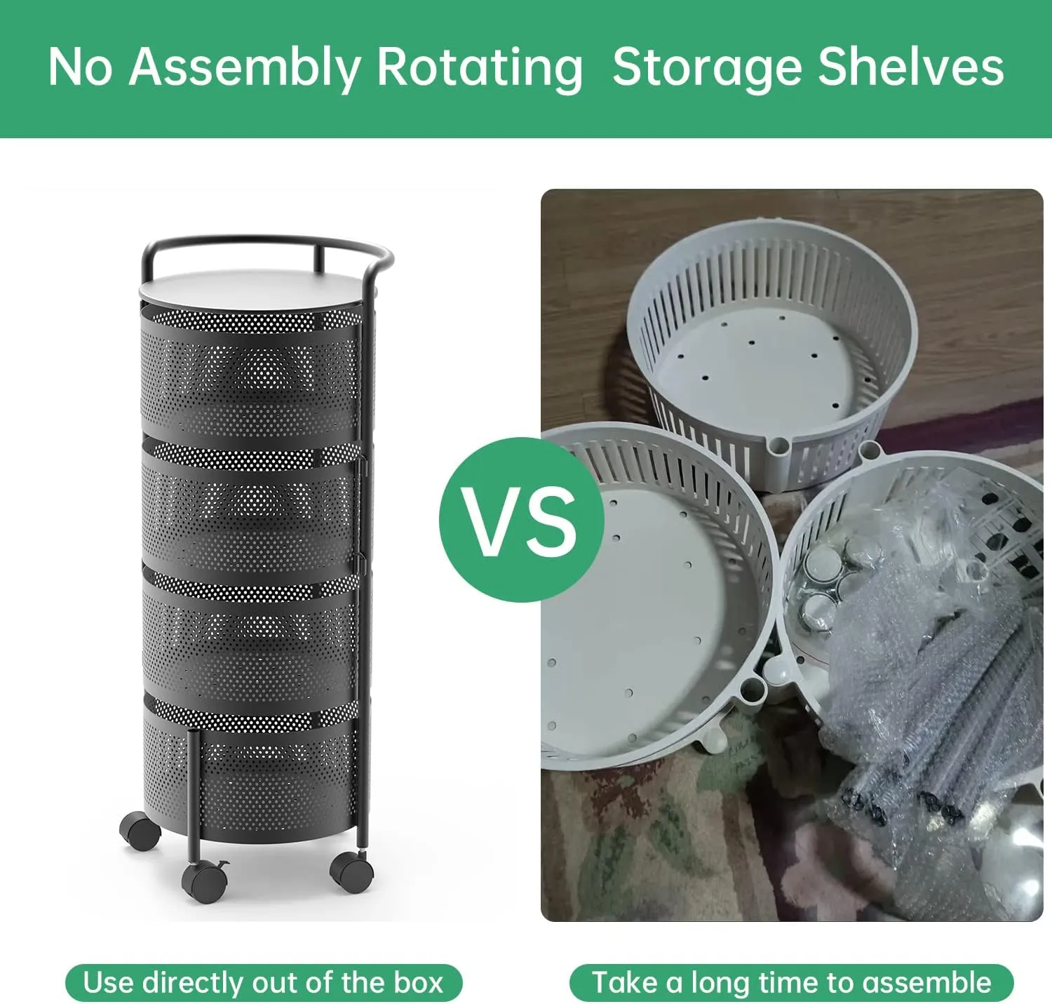 Rotating Kitchen Storage Rack No Assembly, 4-Tier Metal Storage Tower Basket Shelves Organizer on Rolling Wheels with Removal Drawers for Fruit Vegetable Grocery Corns Potato Onion (4-Tier, Black)