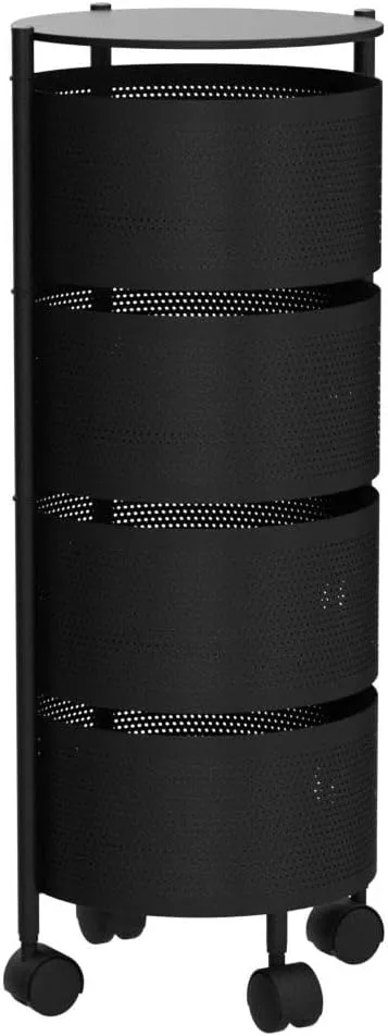 Rotating Kitchen Storage Rack No Assembly, 4-Tier Metal Storage Tower Basket Shelves Organizer on Rolling Wheels with Removal Drawers for Fruit Vegetable Grocery Corns Potato Onion (4-Tier, Black)