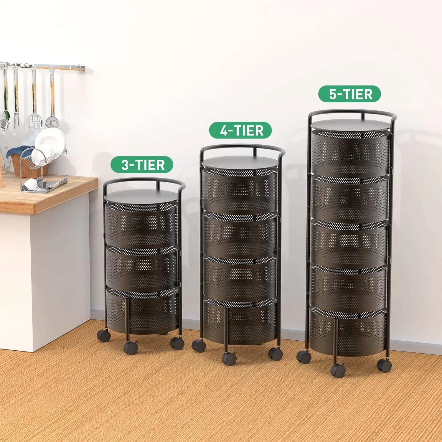 Rotating Kitchen Storage Rack No Assembly, 4-Tier Metal Storage Tower Basket Shelves Organizer on Rolling Wheels with Removal Drawers for Fruit Vegetable Grocery Corns Potato Onion (4-Tier, Black)