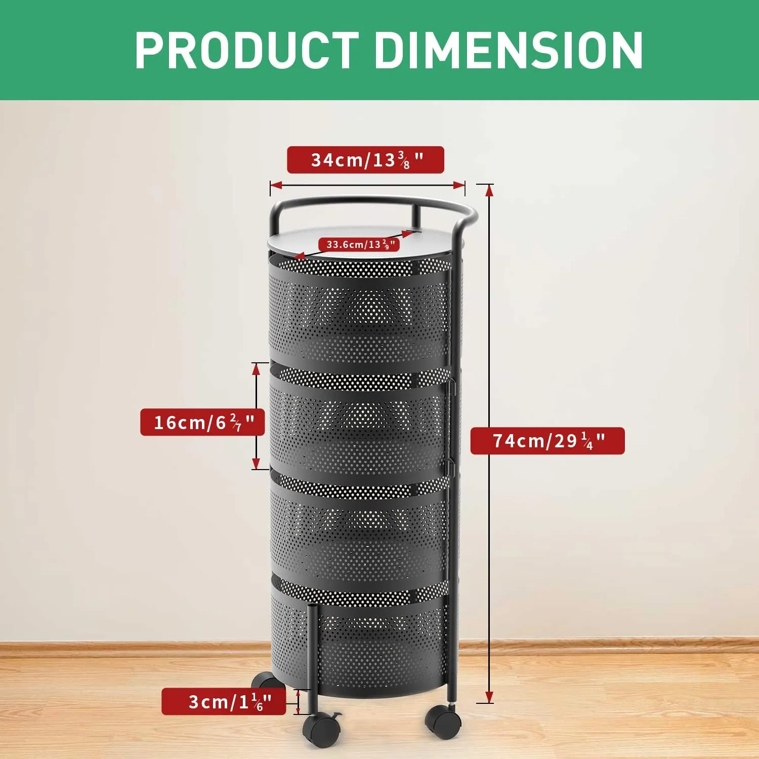 Rotating Kitchen Storage Rack No Assembly, 4-Tier Metal Storage Tower Basket Shelves Organizer on Rolling Wheels with Removal Drawers for Fruit Vegetable Grocery Corns Potato Onion (4-Tier, Black)