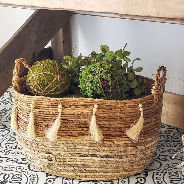 Round Banana Leaf Storage Baskets with Tassels, Set of 3