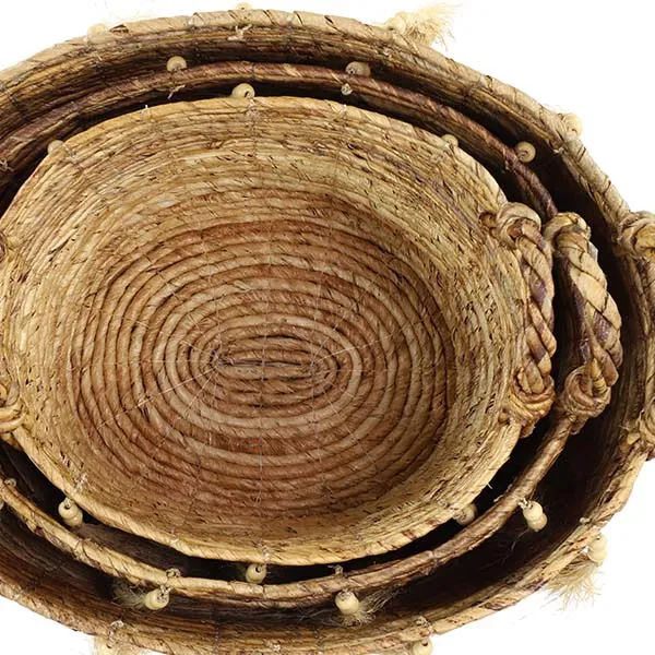 Round Banana Leaf Storage Baskets with Tassels, Set of 3