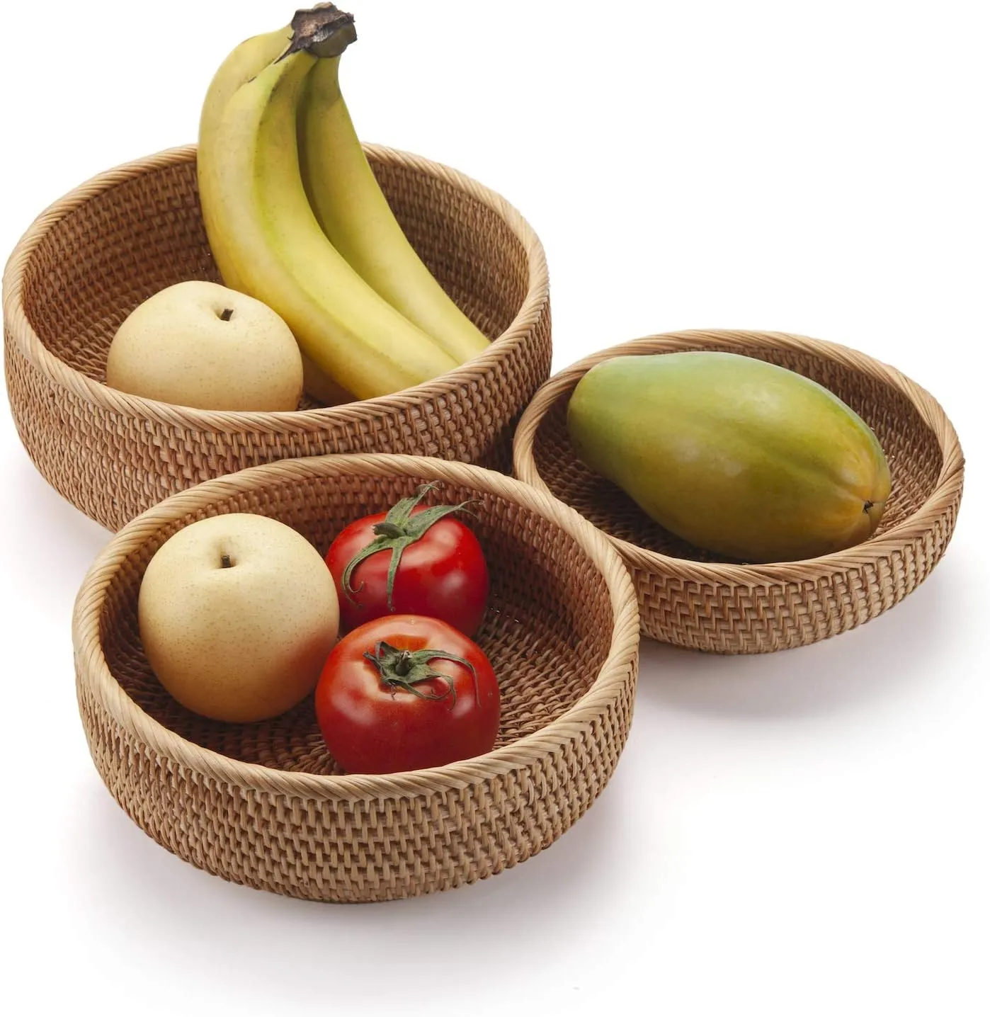 Round Rattan Fruit Baskets Woven Storage Bowls Key Holder Stackable for Shelf Kitchen Tabletop Natural Set of 3