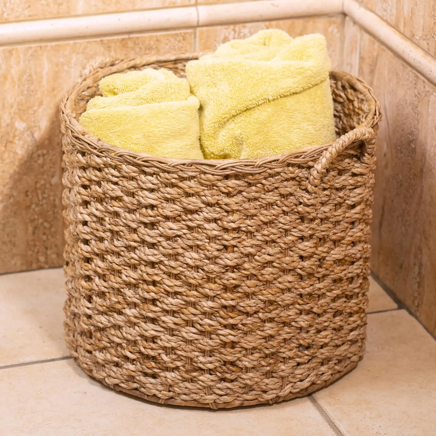 Round Woven Wicker Rattan Large Blanket Shelf Storage Basket with Handles perfect Big Empty Decor Organizer Holder for baby toys, laundry, magazines and towels Natural (Medium)
