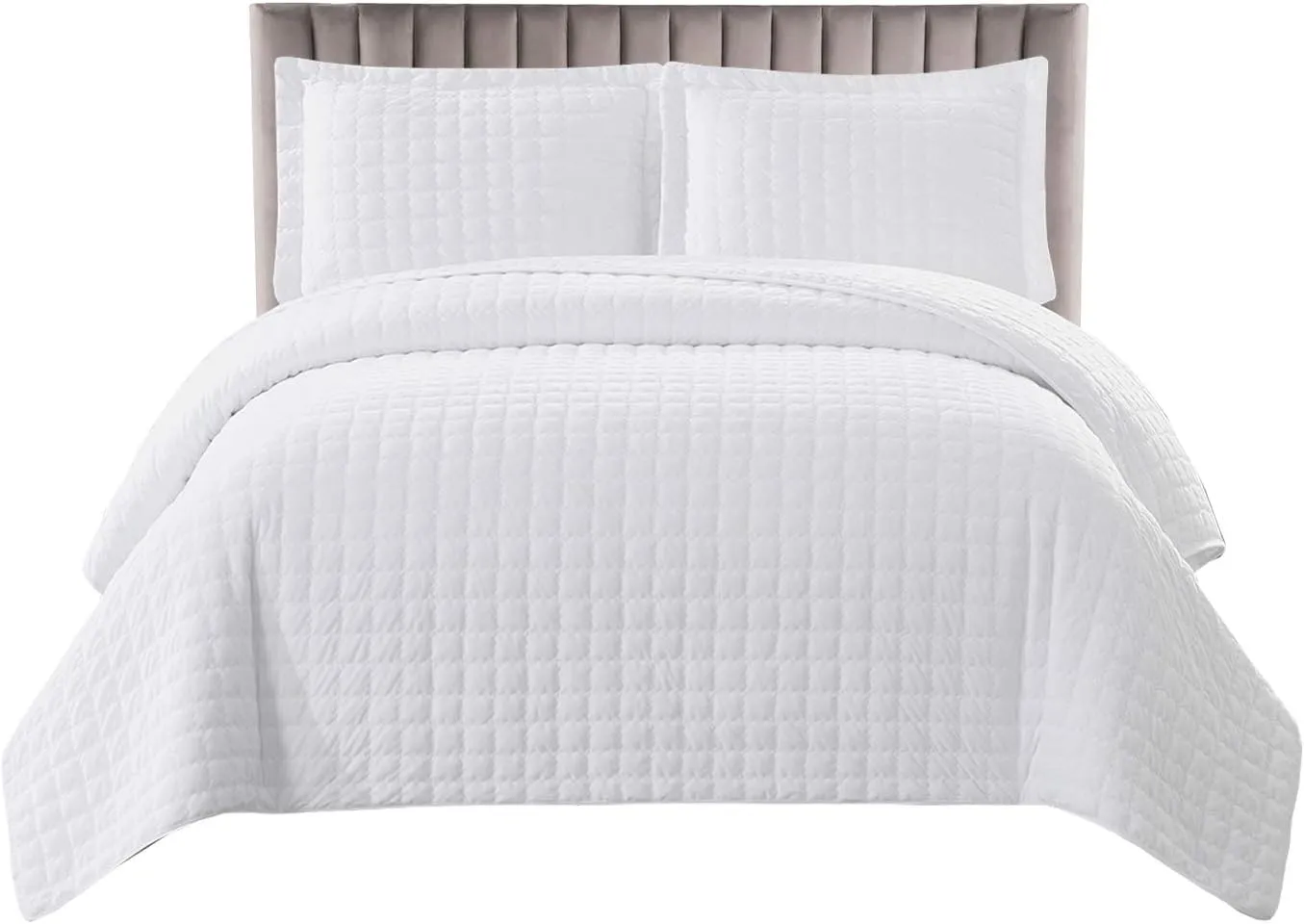 Royal Tradition Plush Velvet White Coverlets, Queen Oversized 3pc Quilt Set (92-Inch Wide x 96-Inch Long) All Seasons Quilted Checkered Bedspread
