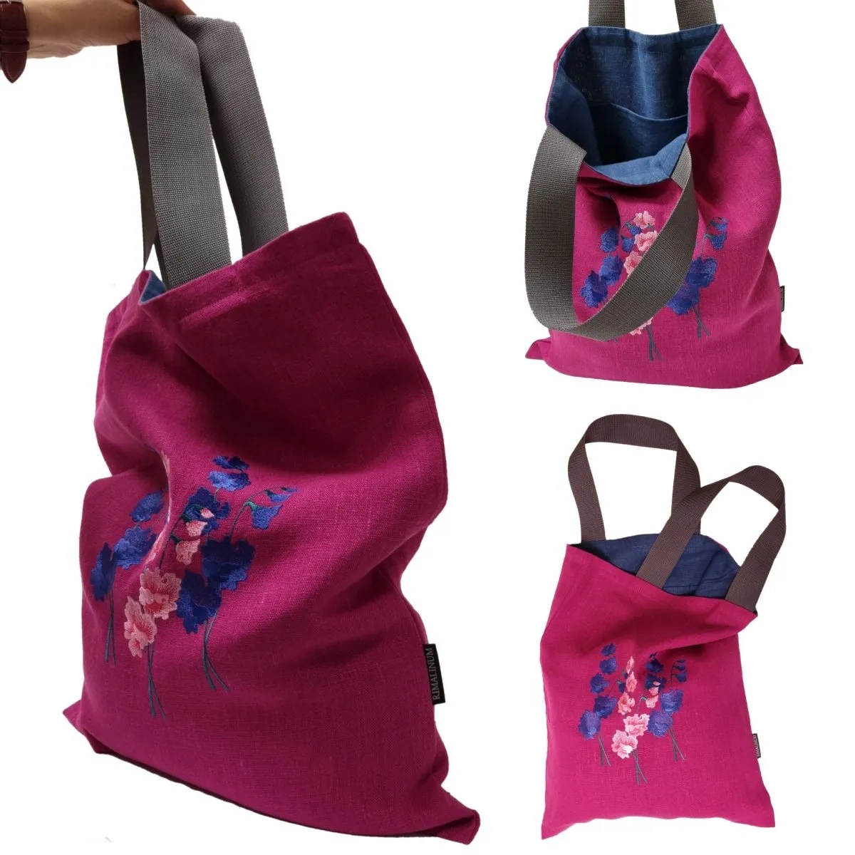 Ruby Pink Linen Tote Bag with Floral Embroidery Design | Perfect Beach, Date or Shopping Bag | Navy Blue Lining with Interior Pocket