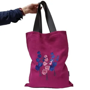 Ruby Pink Linen Tote Bag with Floral Embroidery Design | Perfect Beach, Date or Shopping Bag | Navy Blue Lining with Interior Pocket