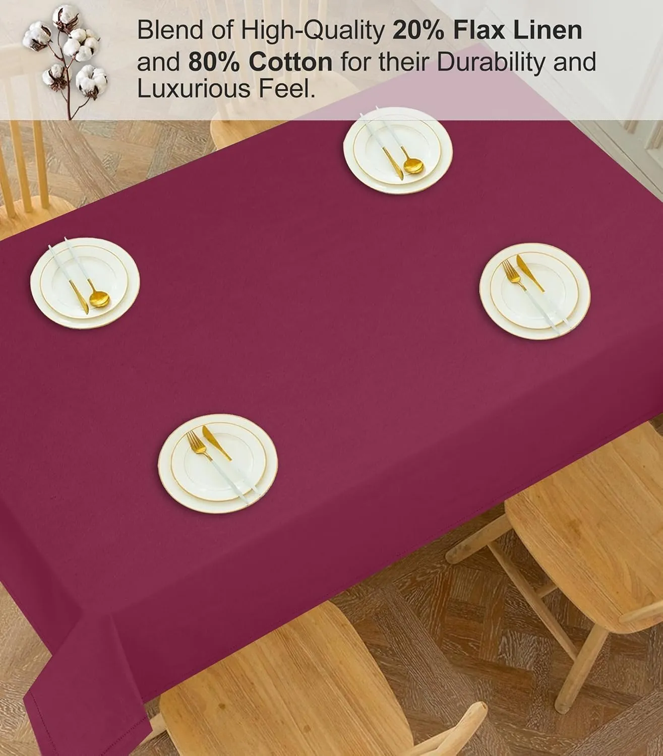 RUVANTI Cotton Linen Table Cloth Rectangle Table 72x54 Inch, Classic Hemstitch, Stain ‎Resistant, Washable Tablecloth Perfect for Coffee Table Cover, Dining, Hotel, Weddings and Parties – Burgundy