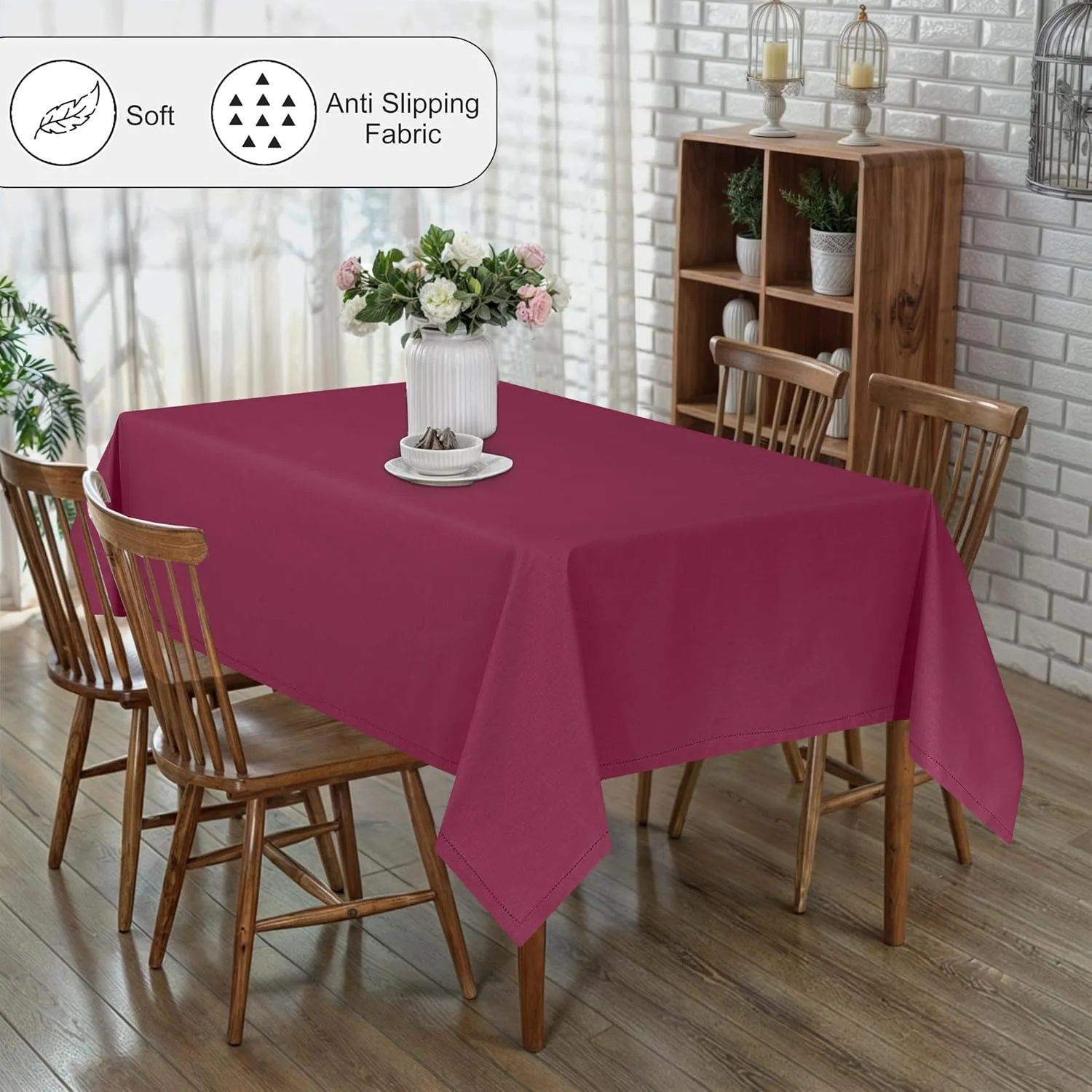 RUVANTI Cotton Linen Table Cloth Rectangle Table 72x54 Inch, Classic Hemstitch, Stain ‎Resistant, Washable Tablecloth Perfect for Coffee Table Cover, Dining, Hotel, Weddings and Parties – Burgundy