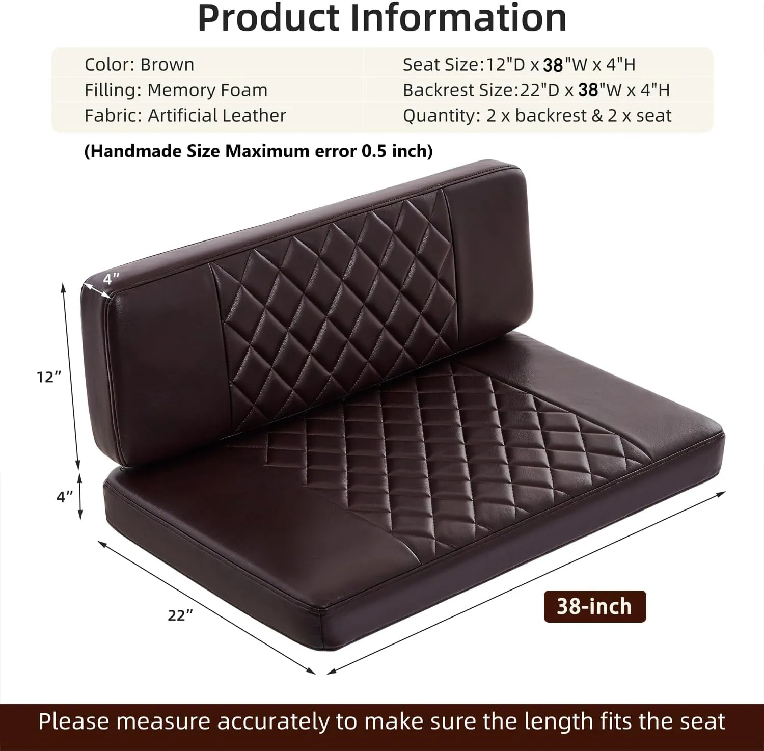 RV Dinette Cushions,2 Sets of PU Leather Replacement Camper Cushions Includes 2 Booth Seats and 2 Backrests for RV,Camper,Trailer Bed (Brown,38")