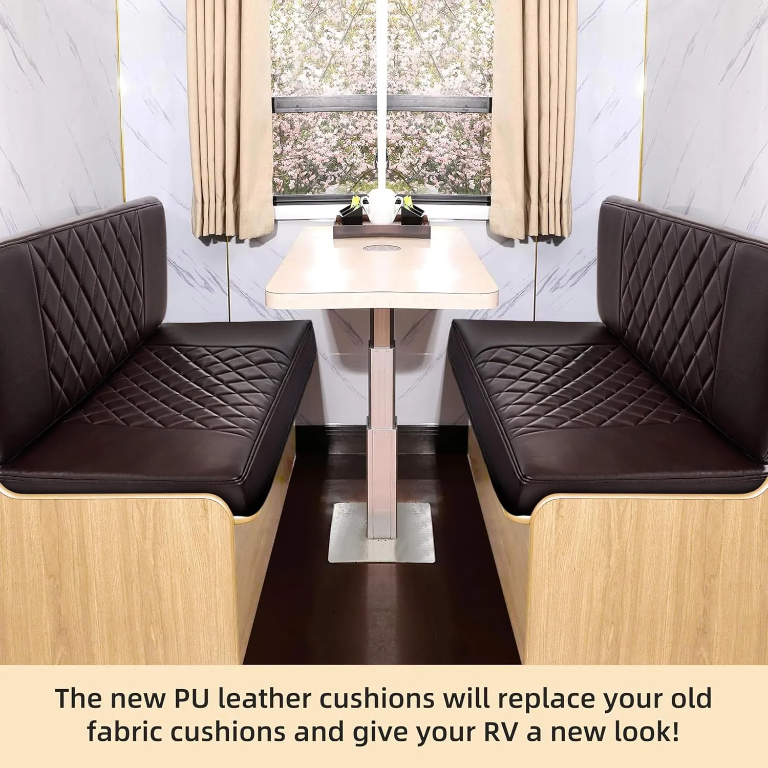 RV Dinette Cushions,2 Sets of PU Leather Replacement Camper Cushions Includes 2 Booth Seats and 2 Backrests for RV,Camper,Trailer Bed (Brown,38")