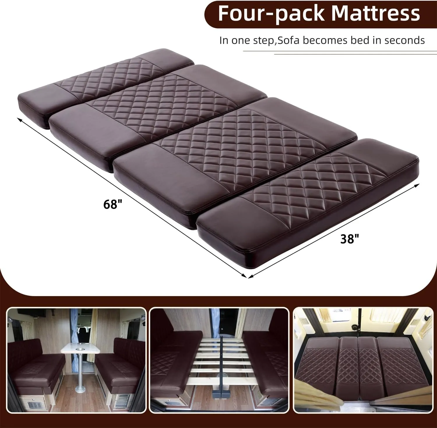 RV Dinette Cushions,2 Sets of PU Leather Replacement Camper Cushions Includes 2 Booth Seats and 2 Backrests for RV,Camper,Trailer Bed (Brown,38")