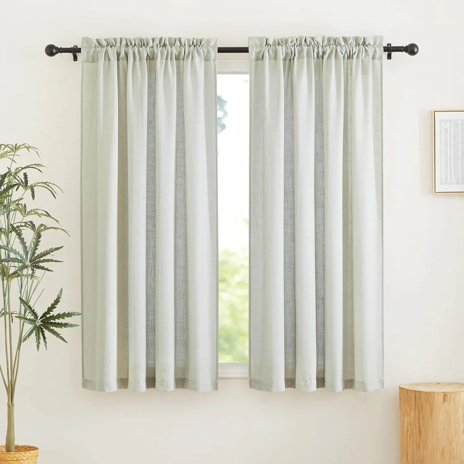 RYB HOME Sage Linen Curtains 63 Inch Length for Bedroom 2 Panels Light Filtering Privacy Semi Sheer Curtains for Kids Room Livingroom Rod Pocket Window Panels Country Farmhouse 52x63 Long