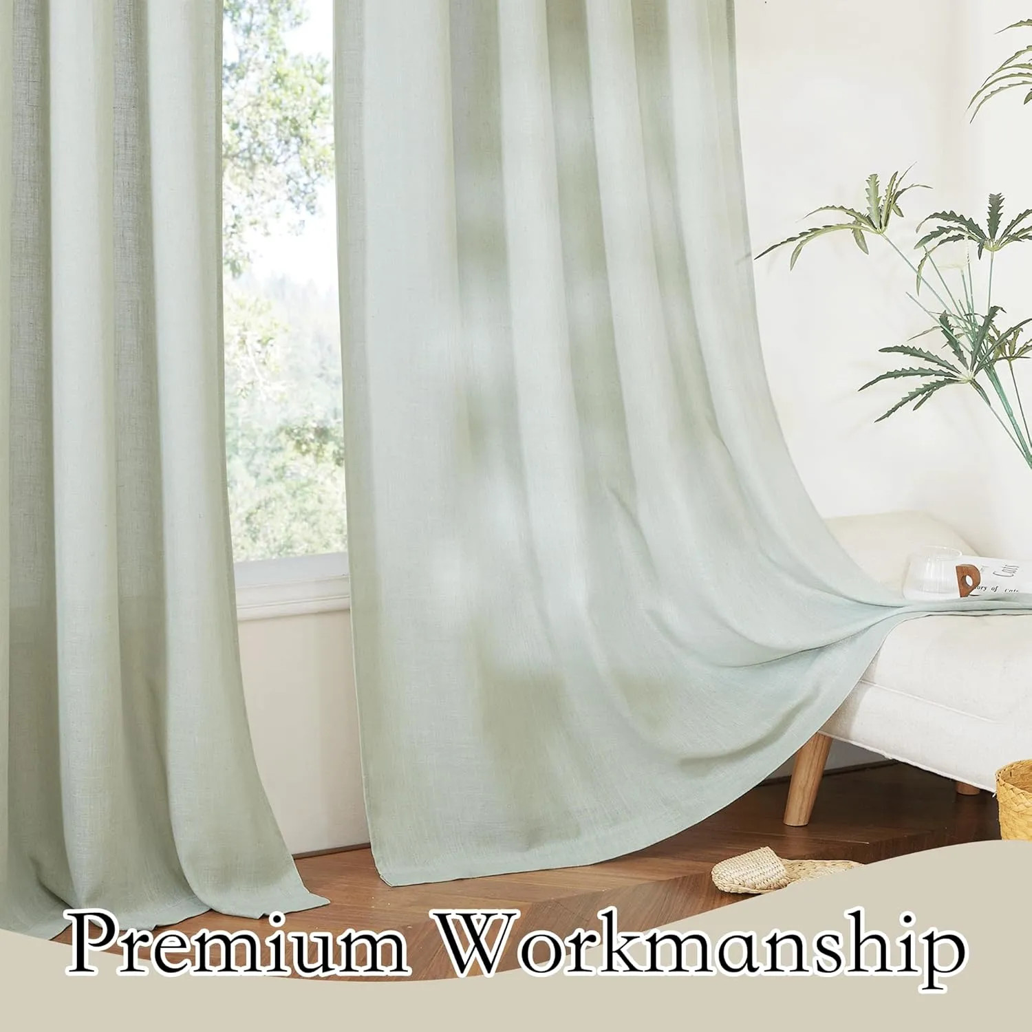RYB HOME Sage Linen Curtains 63 Inch Length for Bedroom 2 Panels Light Filtering Privacy Semi Sheer Curtains for Kids Room Livingroom Rod Pocket Window Panels Country Farmhouse 52x63 Long