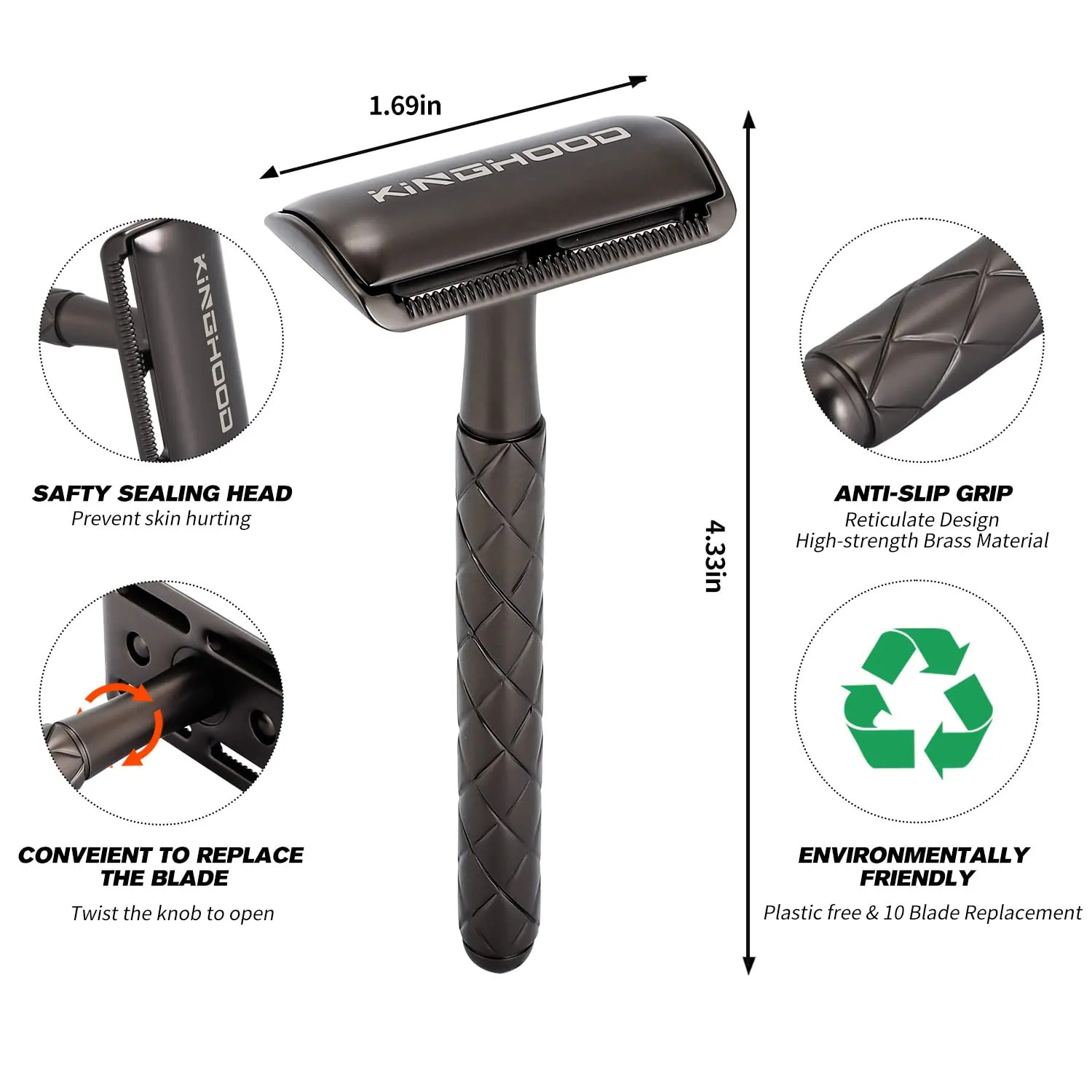 Safety Razor - Single Blade, Eco-Friendly, Double Edge, Closed Comb, Brass, Reusable (Black)