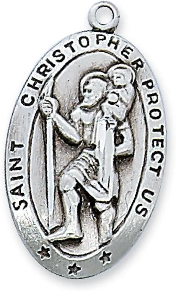 Saint Christopher Sterling Silver Medal 24" Rhodium Plated Christian Chain NI-9180 Christian Amulet Medal Pendant Religious Protector Jewelry For Men Women Catholic Charm Dangle