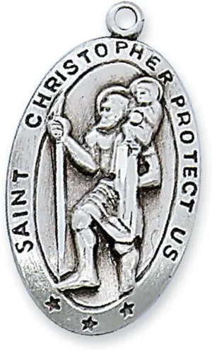 Saint Christopher Sterling Silver Medal 24" Rhodium Plated Christian Chain NI-9180 Christian Amulet Medal Pendant Religious Protector Jewelry For Men Women Catholic Charm Dangle