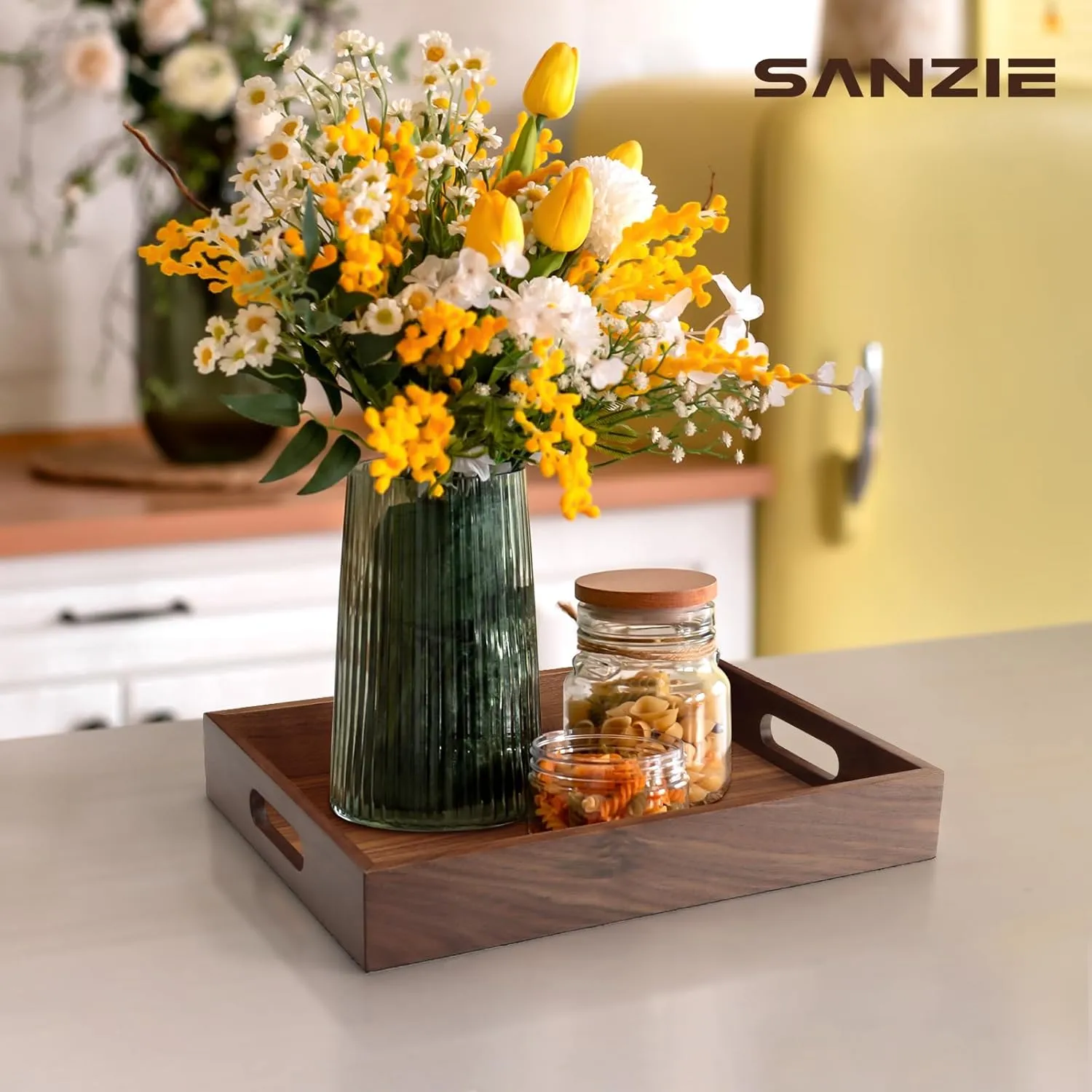 SANZIE Walnut Wood Tray Desktop Storage Organizer Premium Serving Wooden Tray Decorative Tray Valet Tray for Sundries Cosmetics Keys Phone Wallet Cutlery (Brown, Large)