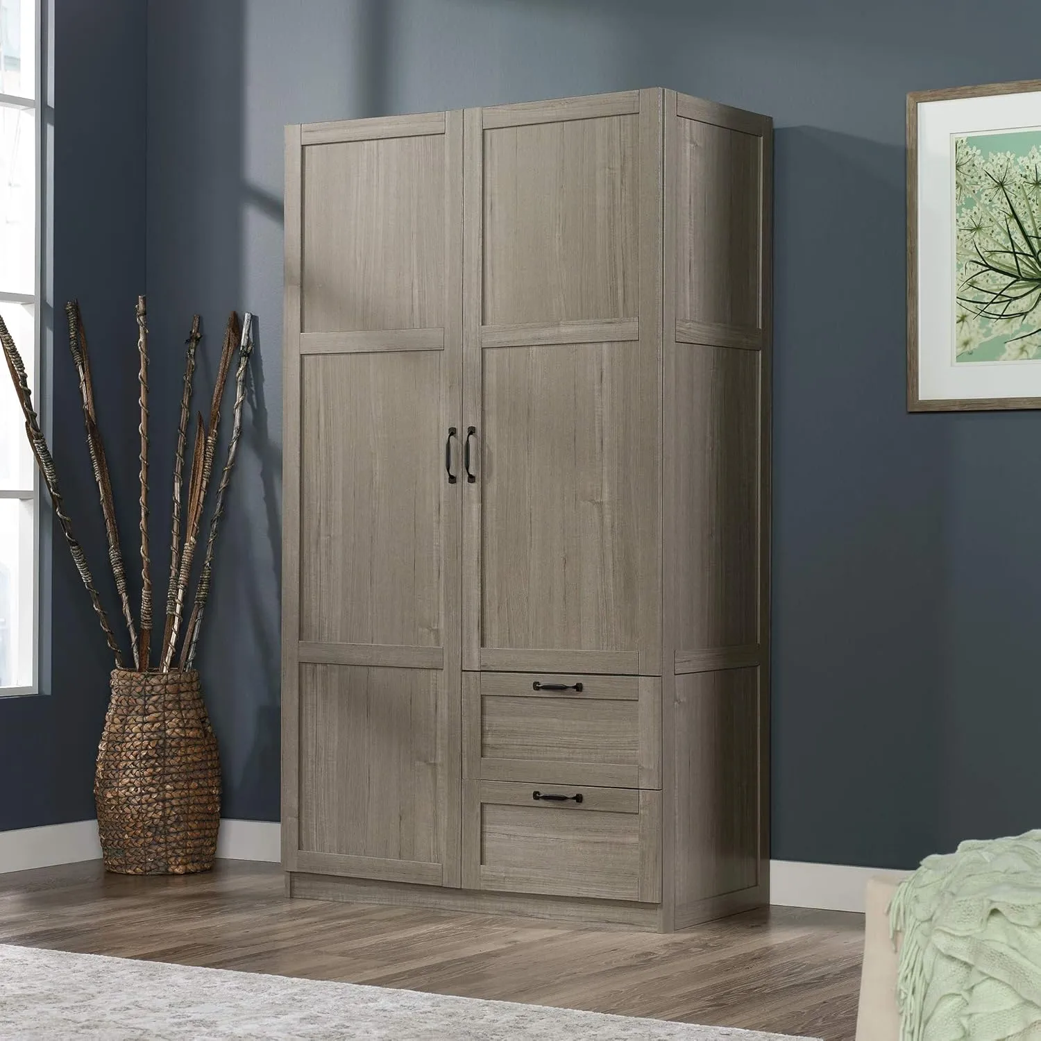 Sauder Select Multipurpose Bedroom Armoire Wardrobe Closet Pantry Storage Cabinet with Storage Drawers and Hanging Rail, in Silver Sycamore