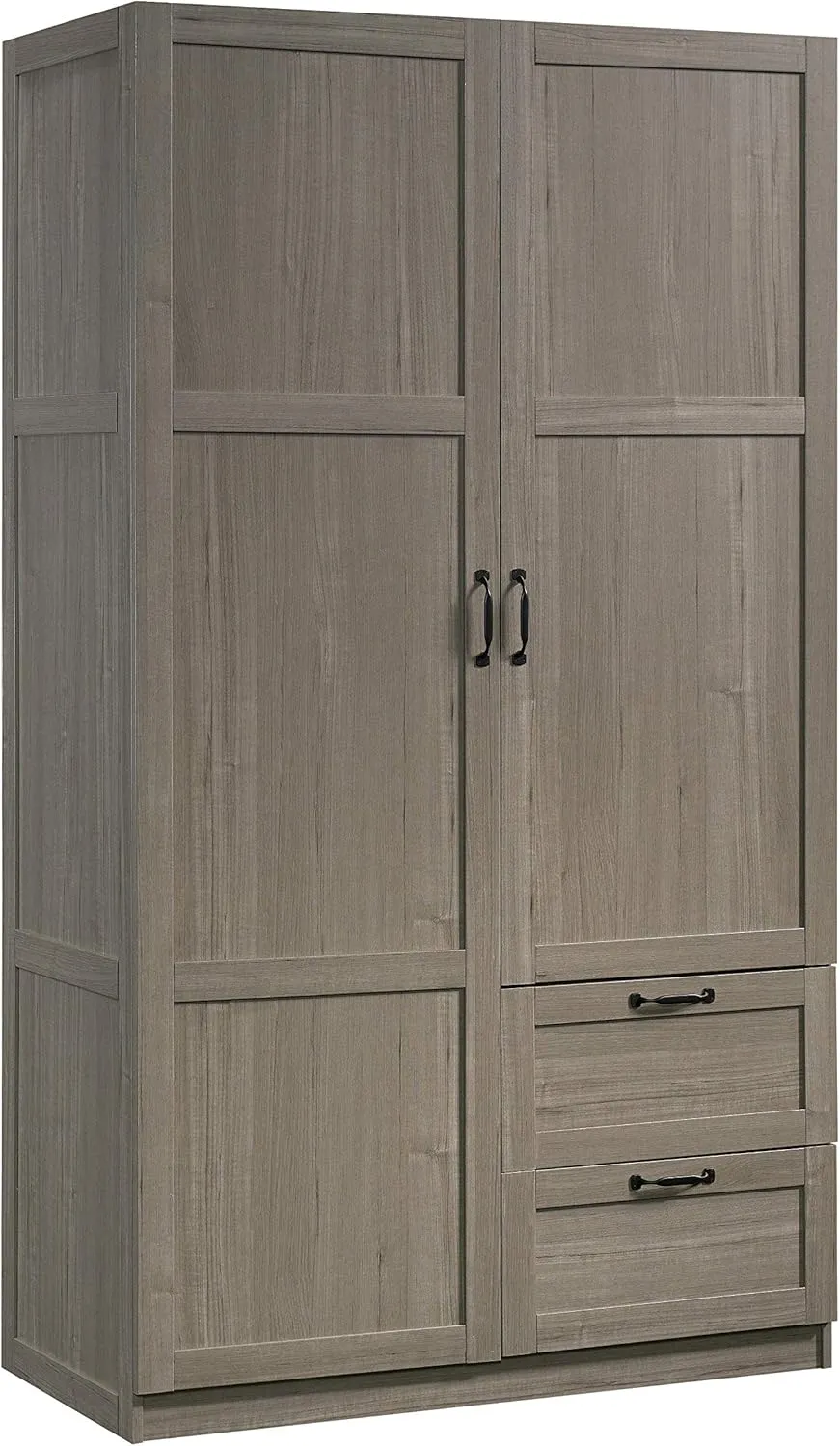 Sauder Select Multipurpose Bedroom Armoire Wardrobe Closet Pantry Storage Cabinet with Storage Drawers and Hanging Rail, in Silver Sycamore