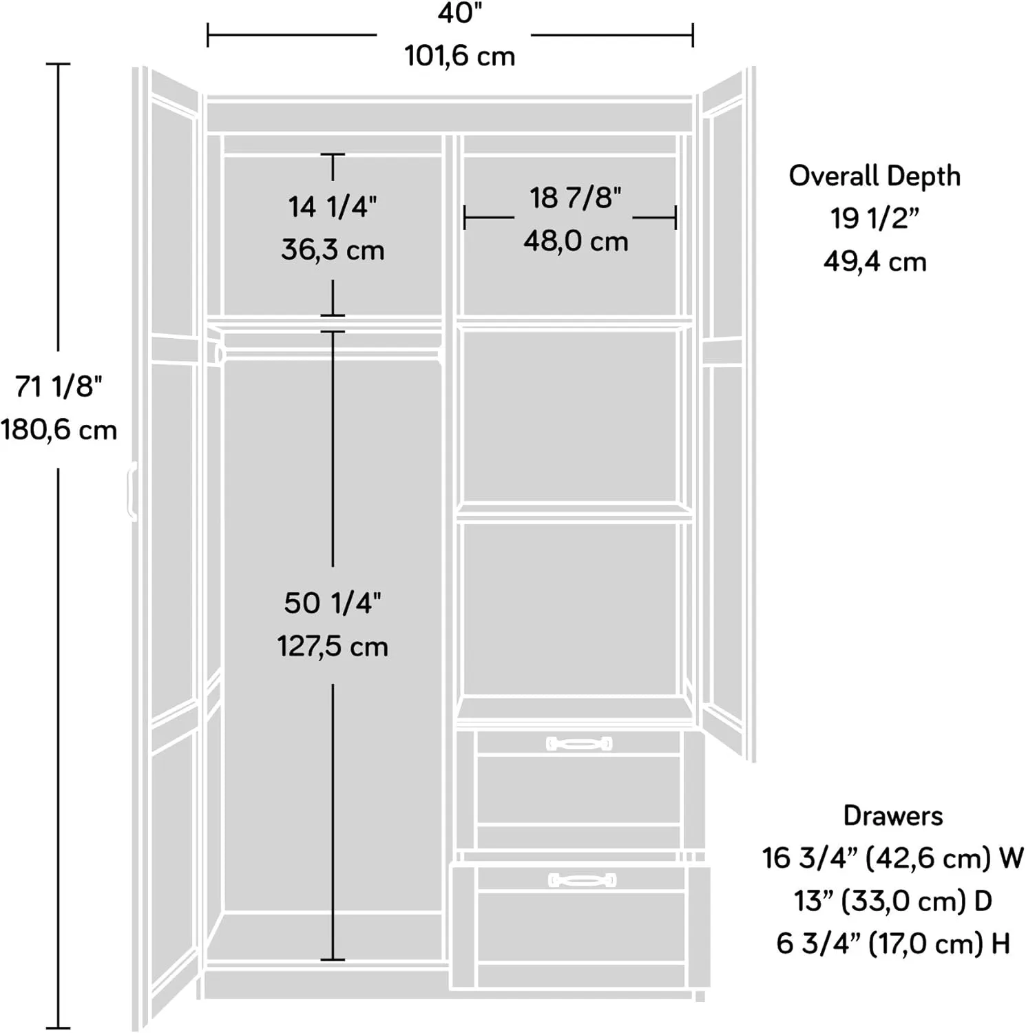 Sauder Select Multipurpose Bedroom Armoire Wardrobe Closet Pantry Storage Cabinet with Storage Drawers and Hanging Rail, in Silver Sycamore