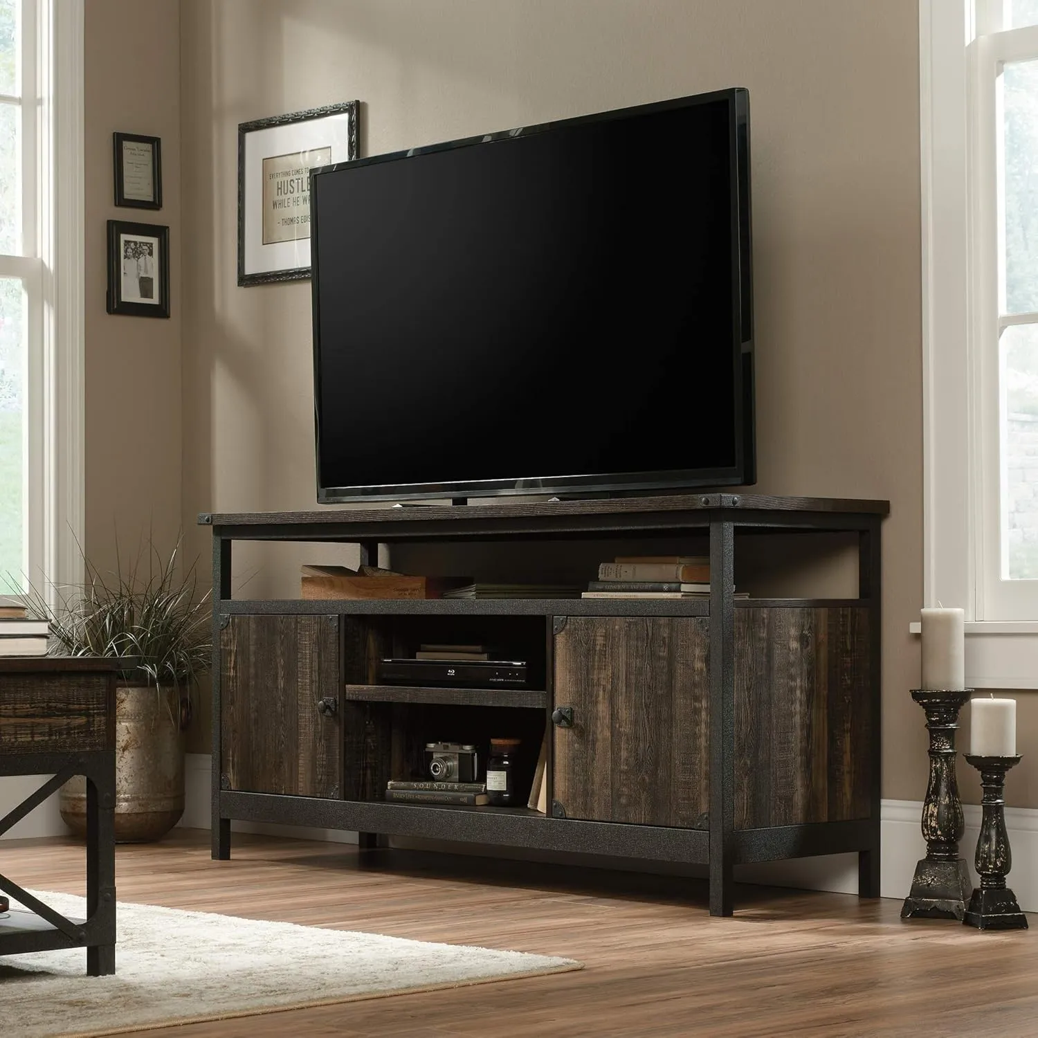 Sauder Steel River Industrial Metal & Wood TV Credenza with Doors, for TVs up to 65", Carbon Oak Finish