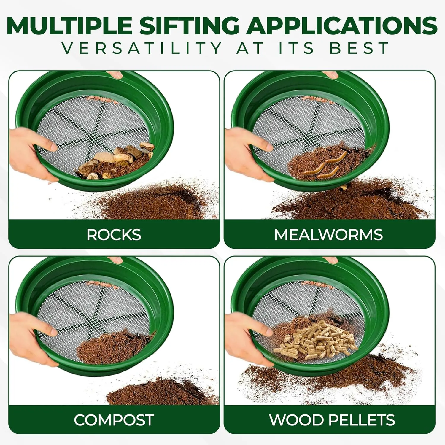 SE 13.25 Inch Wide Stackable Classifier Gold Prospecting Pan Set - Includes 1/2" 1/4" 1/8" 1/12" and 1/20" Stainless Steel Mesh Sifting Pans, Green, 5 Pack