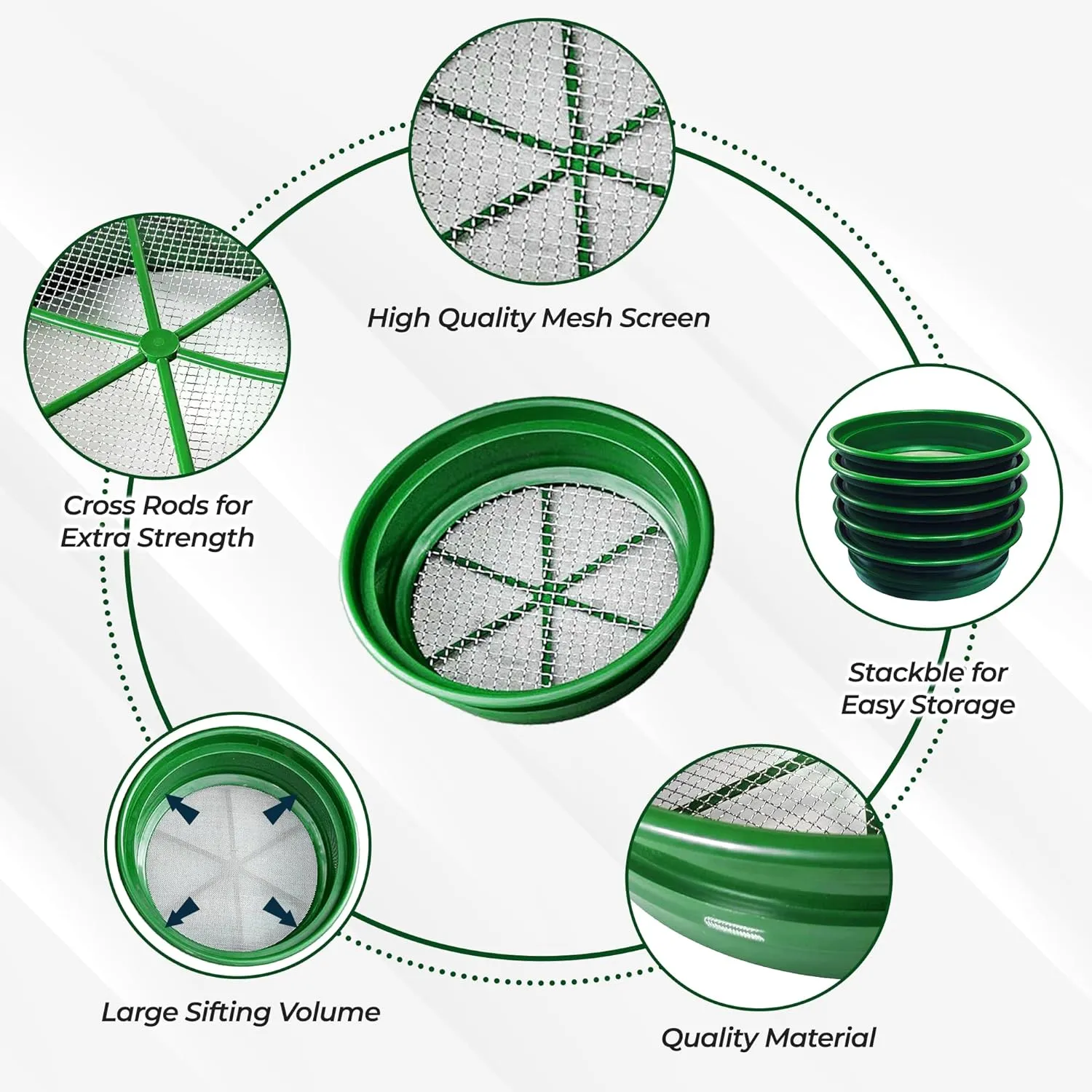 SE 13.25 Inch Wide Stackable Classifier Gold Prospecting Pan Set - Includes 1/2" 1/4" 1/8" 1/12" and 1/20" Stainless Steel Mesh Sifting Pans, Green, 5 Pack