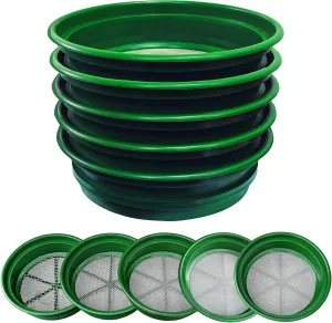 SE 13.25 Inch Wide Stackable Classifier Gold Prospecting Pan Set - Includes 1/2" 1/4" 1/8" 1/12" and 1/20" Stainless Steel Mesh Sifting Pans, Green, 5 Pack