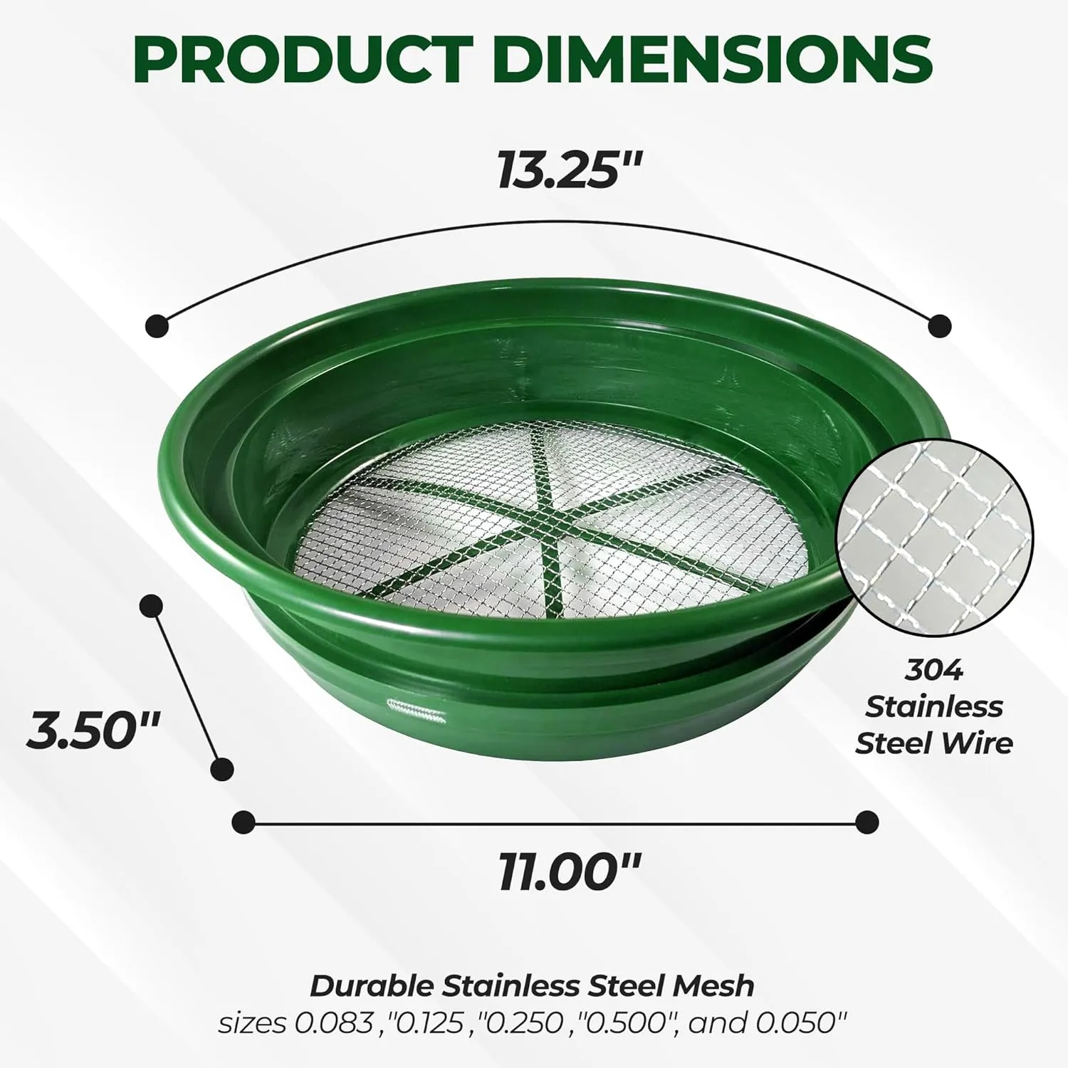 SE 13.25 Inch Wide Stackable Classifier Gold Prospecting Pan Set - Includes 1/2" 1/4" 1/8" 1/12" and 1/20" Stainless Steel Mesh Sifting Pans, Green, 5 Pack