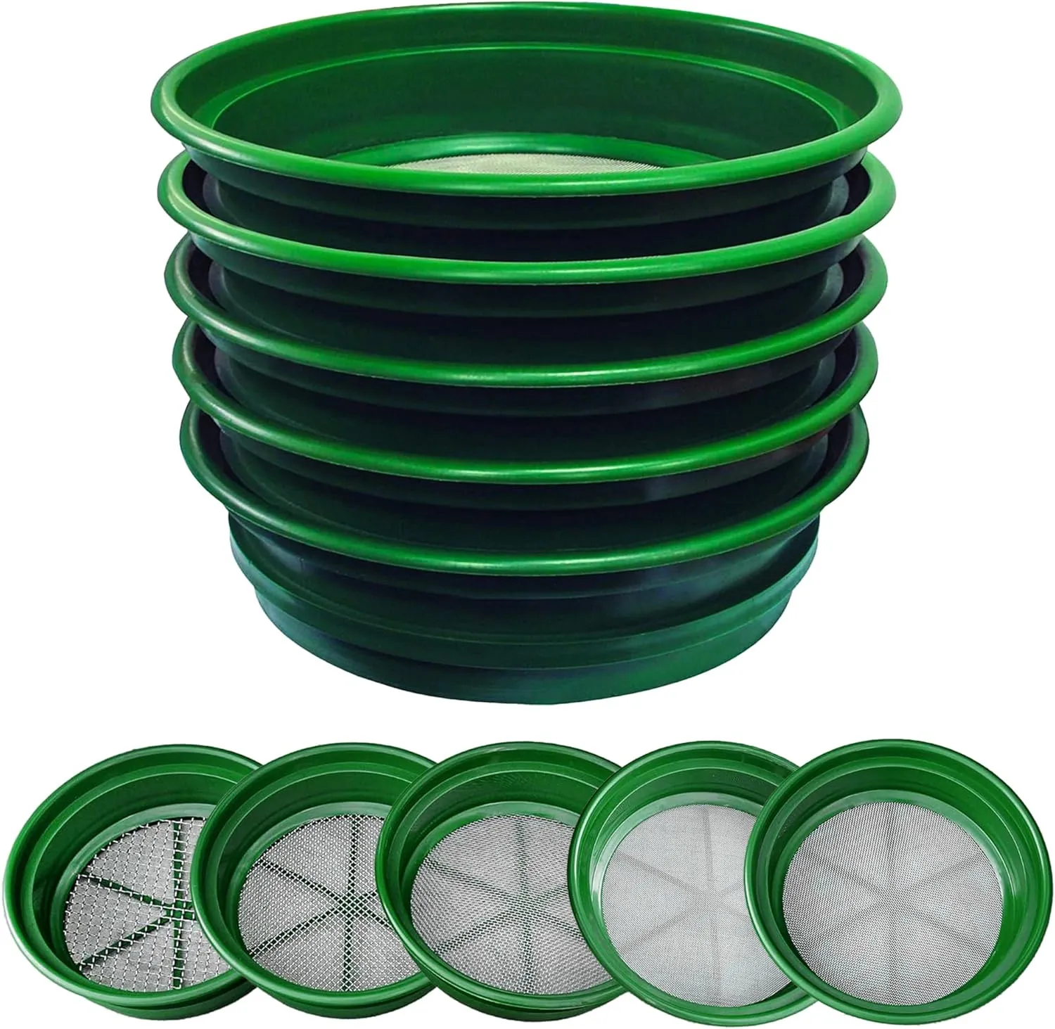 SE 13.25 Inch Wide Stackable Classifier Gold Prospecting Pan Set - Includes 1/2" 1/4" 1/8" 1/12" and 1/20" Stainless Steel Mesh Sifting Pans, Green, 5 Pack