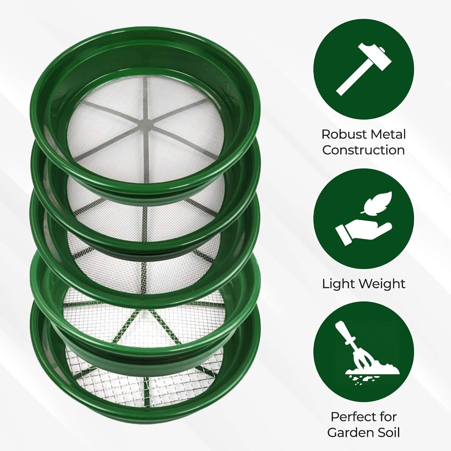 SE 13.25 Inch Wide Stackable Classifier Gold Prospecting Pan Set - Includes 1/2" 1/4" 1/8" 1/12" and 1/20" Stainless Steel Mesh Sifting Pans, Green, 5 Pack
