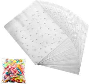Self Adhesive Cellophane Treat Bags - 200 Pcs, 5.5" x 5.5", Clear Plastic, White Polka Dot, Party Favor Bags for Candy, Cookie, Chocolate