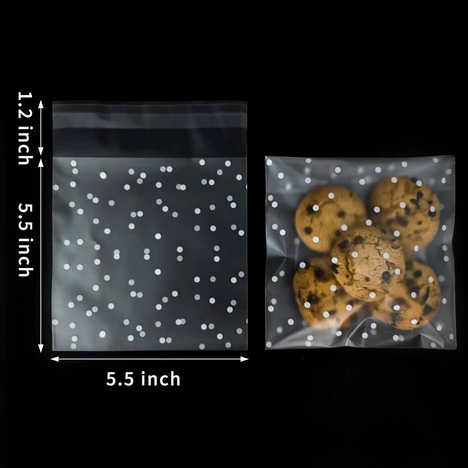 Self Adhesive Cellophane Treat Bags - 200 Pcs, 5.5" x 5.5", Clear Plastic, White Polka Dot, Party Favor Bags for Candy, Cookie, Chocolate