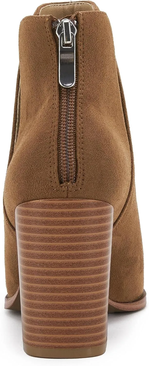 SERAIH Womens Pointed Toe Ankle Booties Stacked Mid Block Heel Cutout Back Zipper Shoes Faux Leather Boots