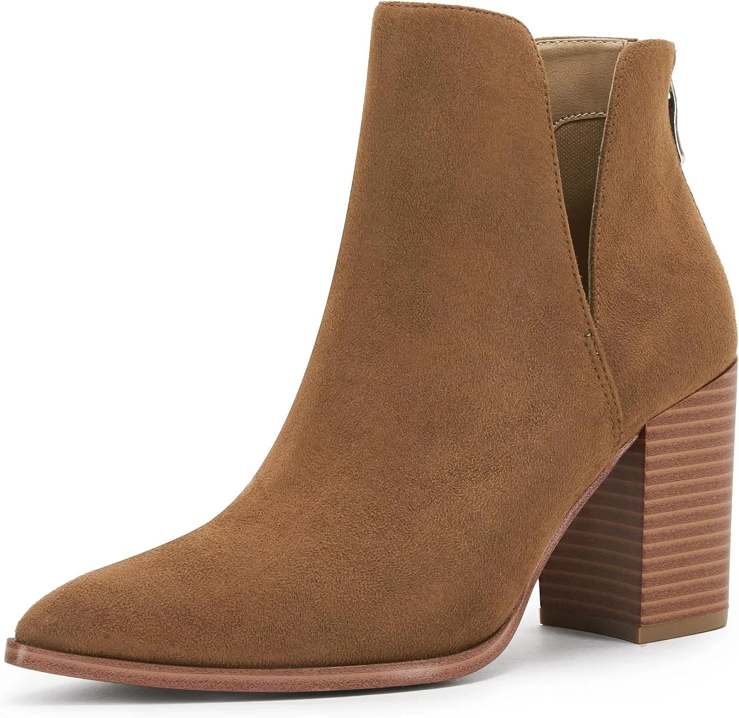 SERAIH Womens Pointed Toe Ankle Booties Stacked Mid Block Heel Cutout Back Zipper Shoes Faux Leather Boots