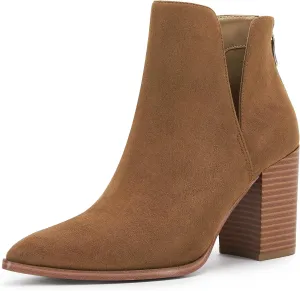 SERAIH Womens Pointed Toe Ankle Booties Stacked Mid Block Heel Cutout Back Zipper Shoes Faux Leather Boots
