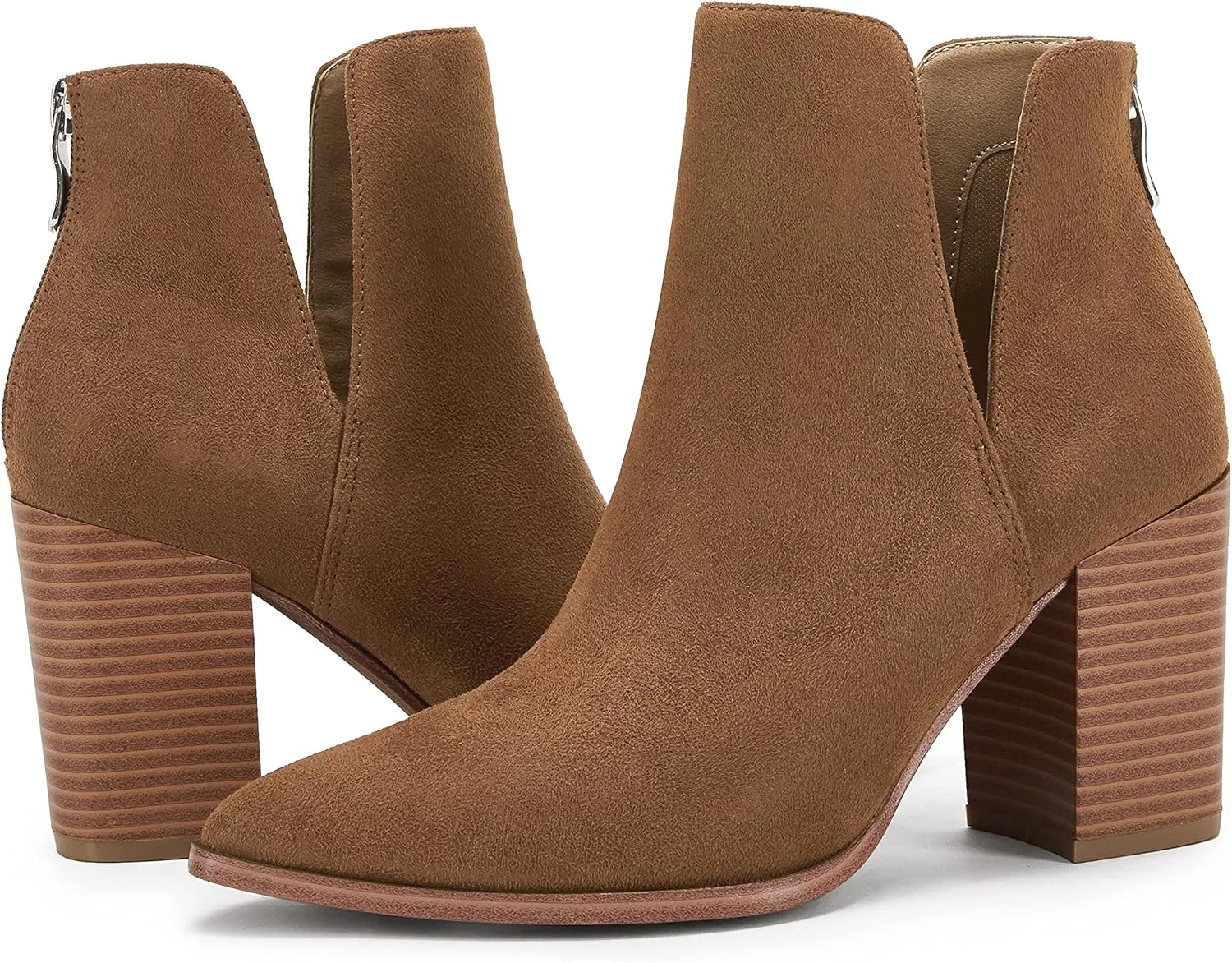 SERAIH Womens Pointed Toe Ankle Booties Stacked Mid Block Heel Cutout Back Zipper Shoes Faux Leather Boots