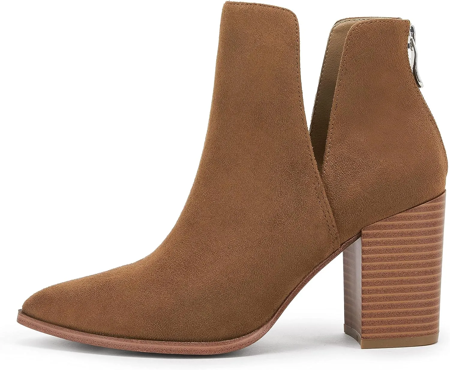 SERAIH Womens Pointed Toe Ankle Booties Stacked Mid Block Heel Cutout Back Zipper Shoes Faux Leather Boots