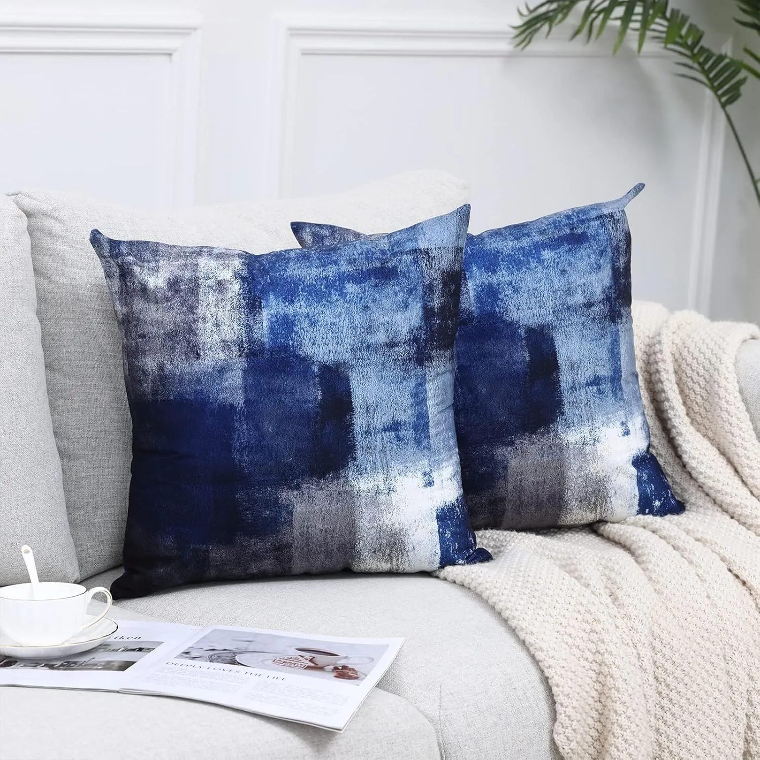 Set of 2 Blue Art Artwork Contemporary Decorative Gray Home Decorative Throw Pillow Covers Cushion Covers for Bedroom Sofa Living Room 18X18 Inches