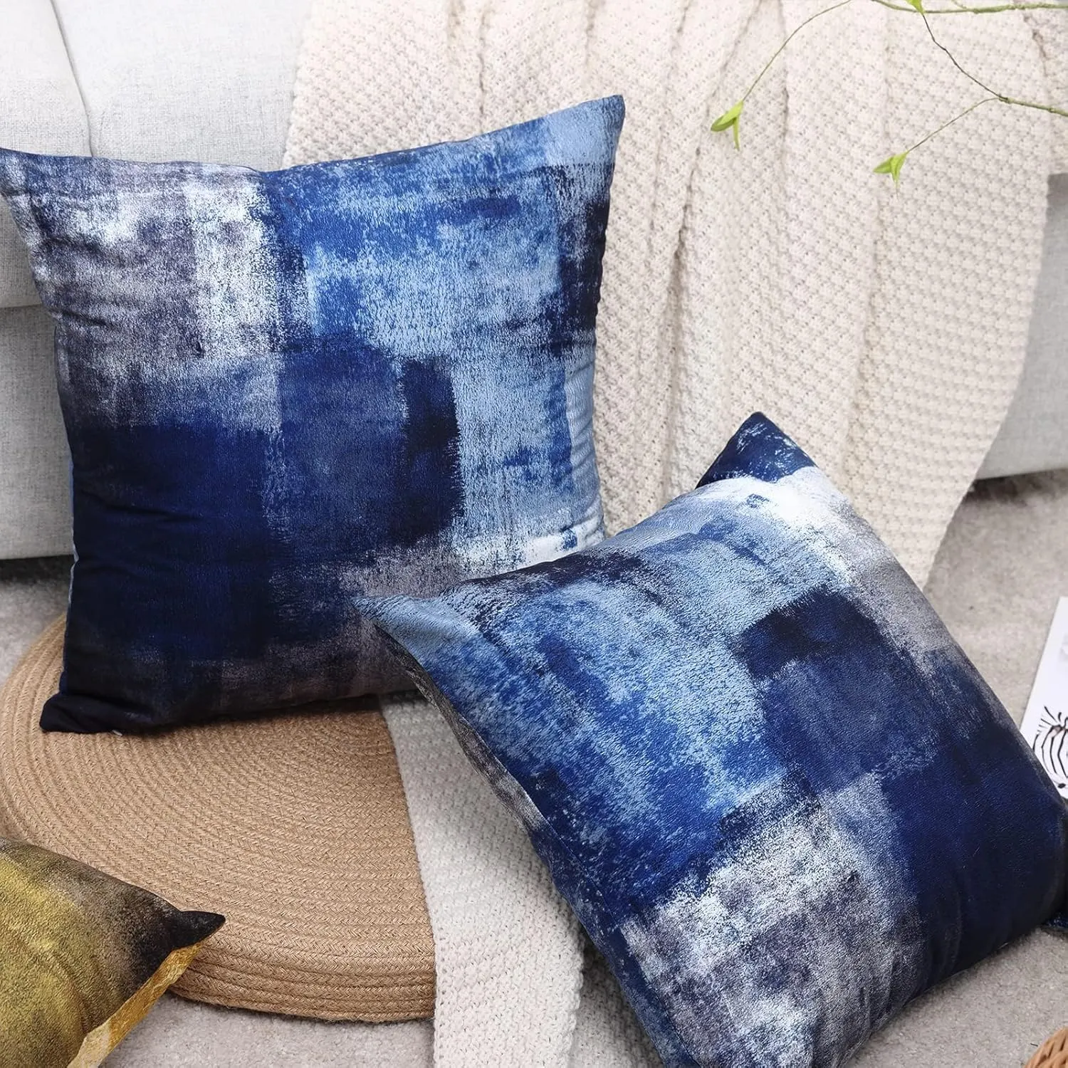 Set of 2 Blue Art Artwork Contemporary Decorative Gray Home Decorative Throw Pillow Covers Cushion Covers for Bedroom Sofa Living Room 18X18 Inches
