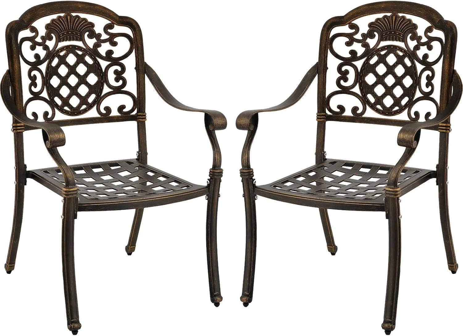 Set of 2 Cast Aluminum Patio Dining Chairs, Outdoor Bistro Stackable Chairs with Armrest, Patio Chair with Adjustable Feet, for Balcony, Backyard, Garden (Bronze, Without Cushion)