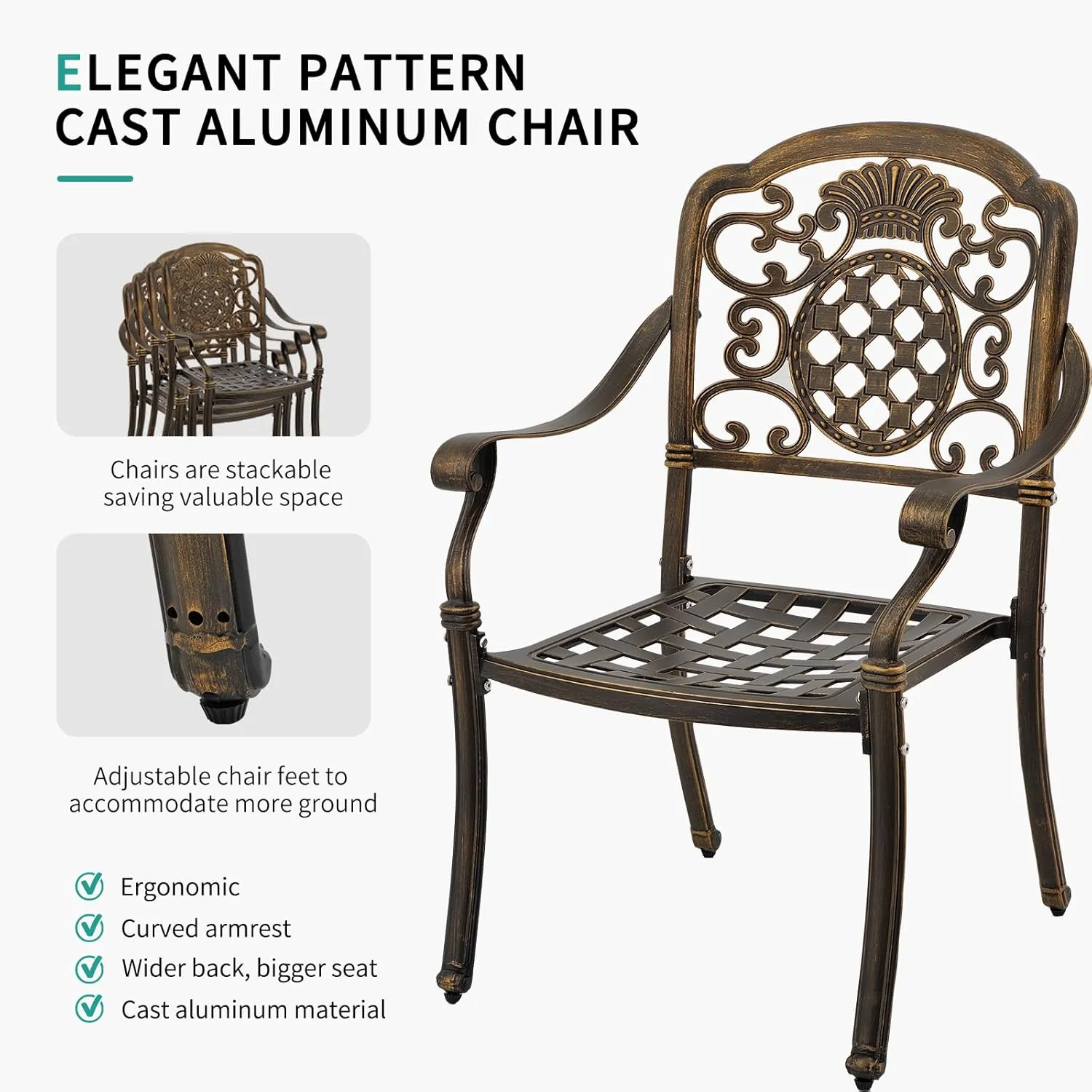 Set of 2 Cast Aluminum Patio Dining Chairs, Outdoor Bistro Stackable Chairs with Armrest, Patio Chair with Adjustable Feet, for Balcony, Backyard, Garden (Bronze, Without Cushion)