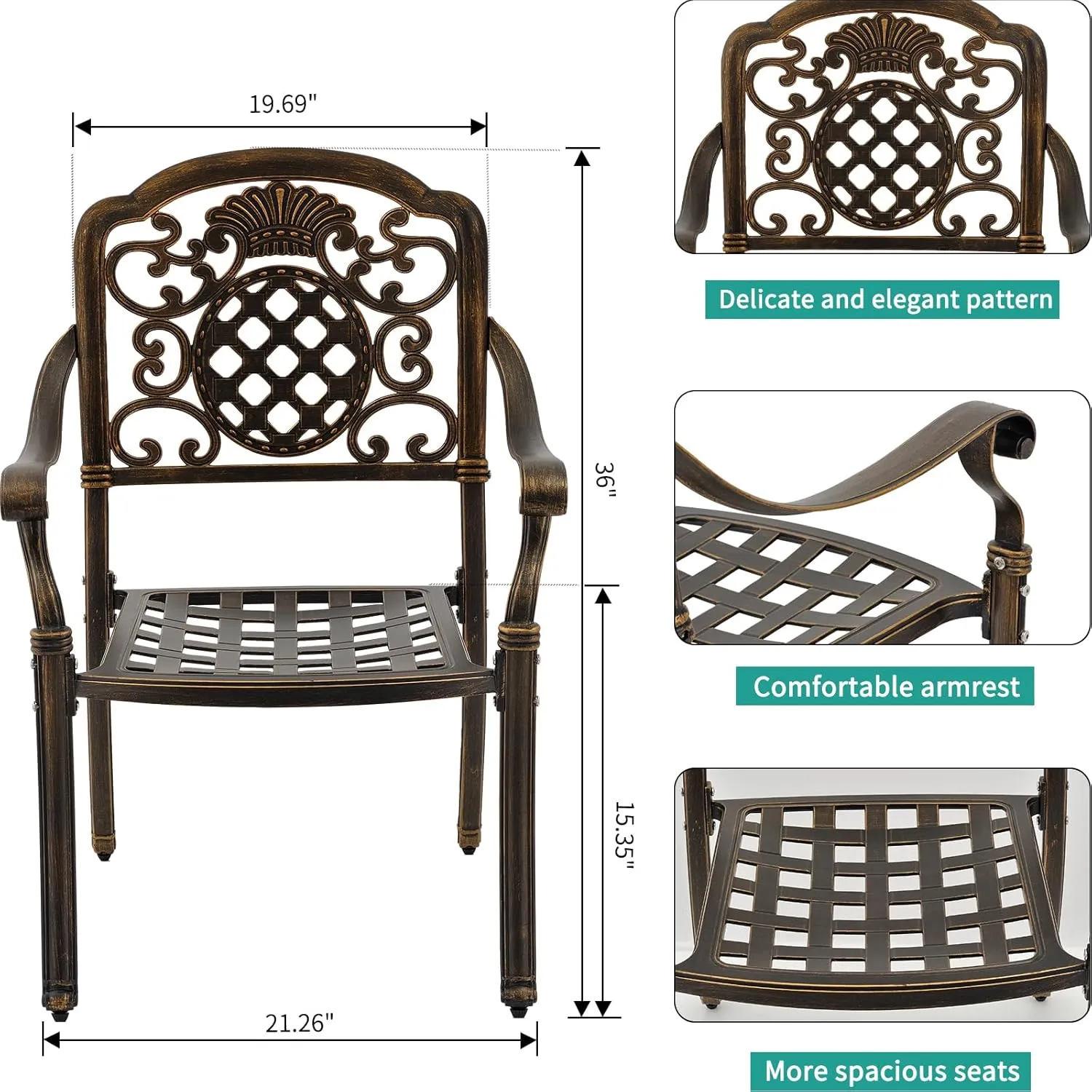 Set of 2 Cast Aluminum Patio Dining Chairs, Outdoor Bistro Stackable Chairs with Armrest, Patio Chair with Adjustable Feet, for Balcony, Backyard, Garden (Bronze, Without Cushion)
