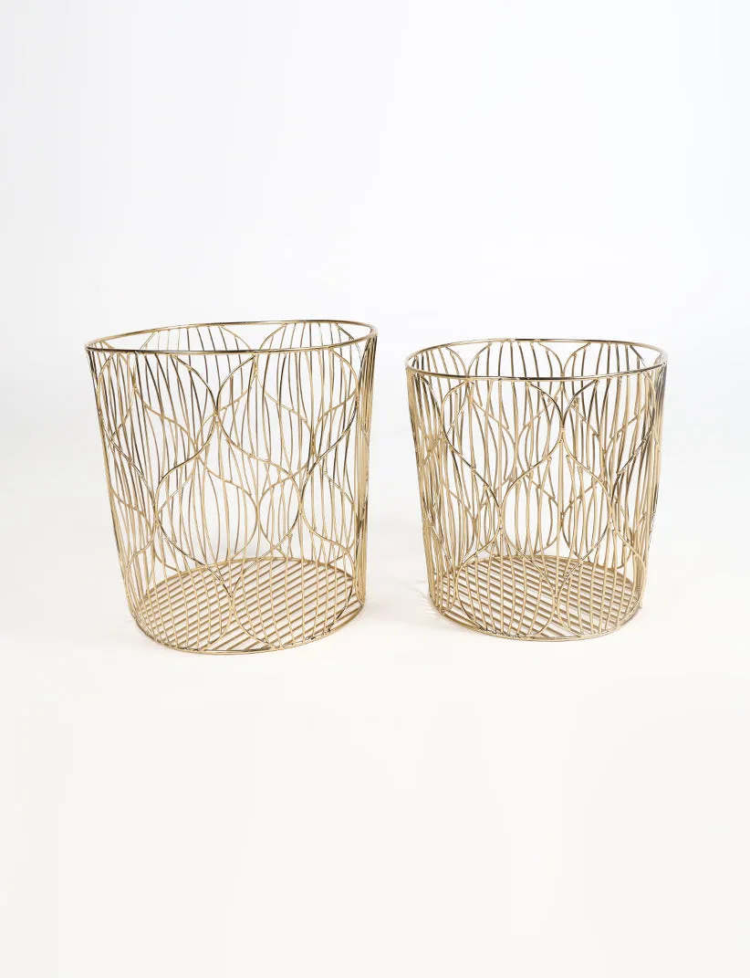 Set of 2 Round Gold-Toned Metal Storage Baskets