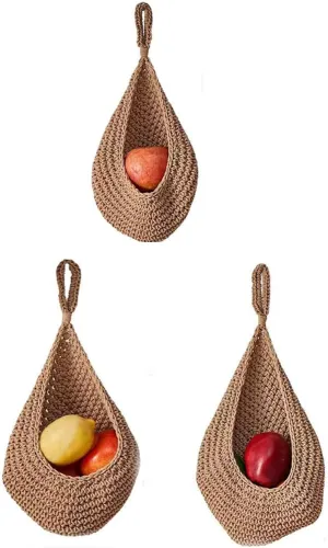 Set of 3 Jute Wall Hanging Baskets for Potato Garlic Onion Fruits Hand Made Hanging Bag for Farmhouse Decor and Kitchen Storage Organization (brown)